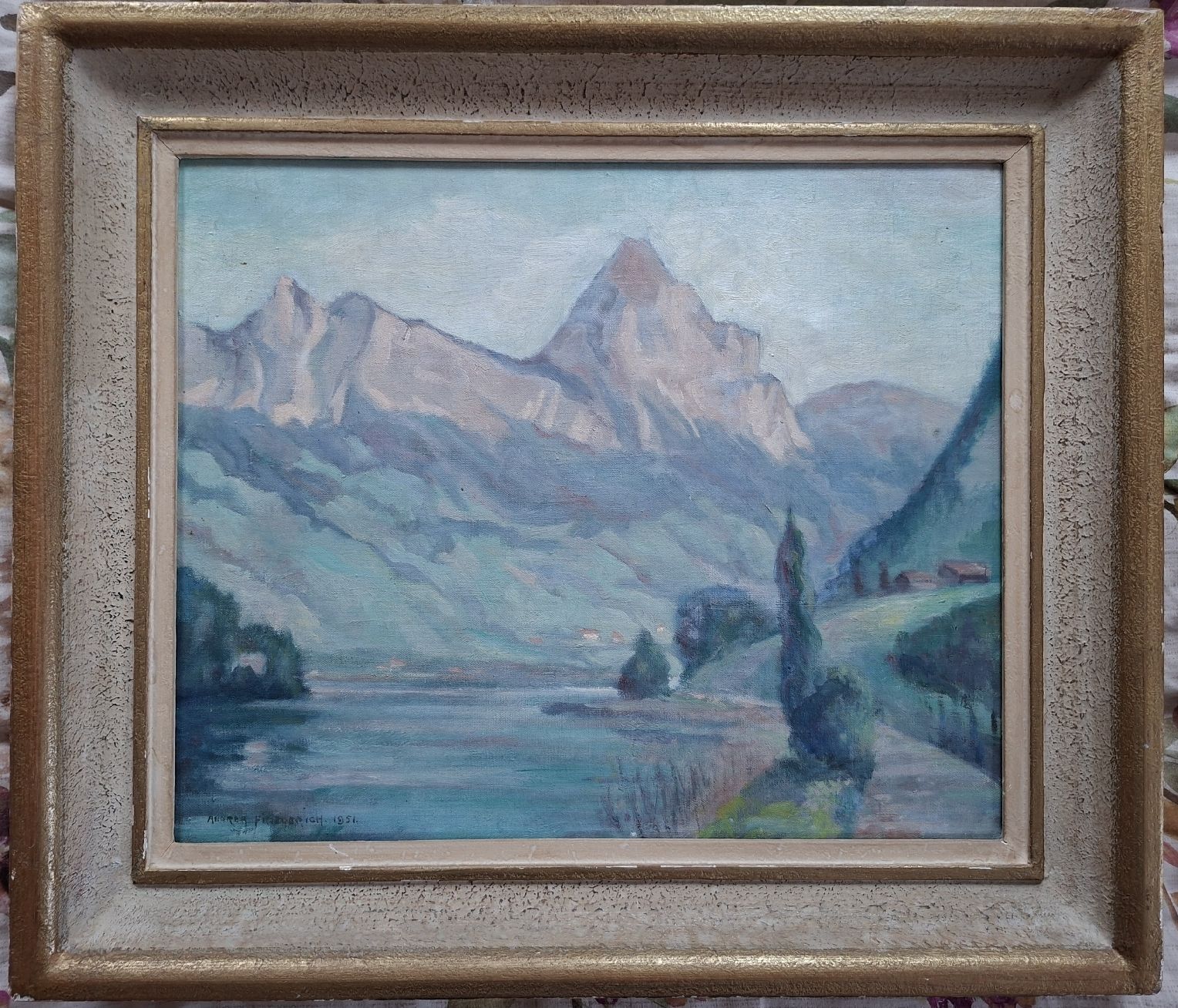 Ölgemälde, Andrea Friedrich, 1951, Berglandschaft am See